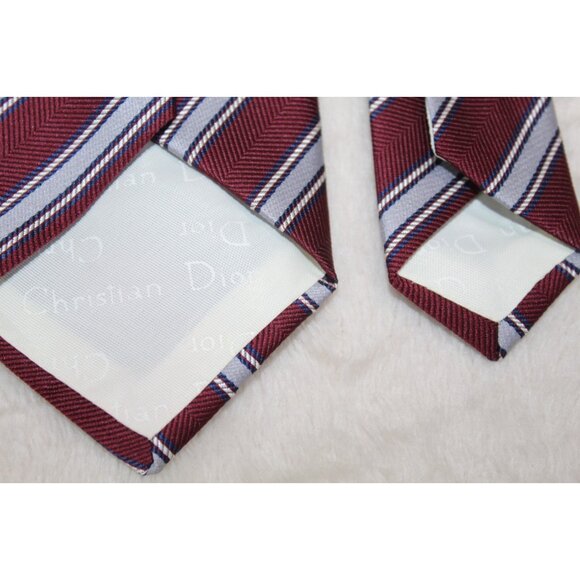Vtg CHRISTIAN DIOR Diagonal Striped Spell out Dior Tie Maroon Silver Silk Blend - Picture 6 of 7